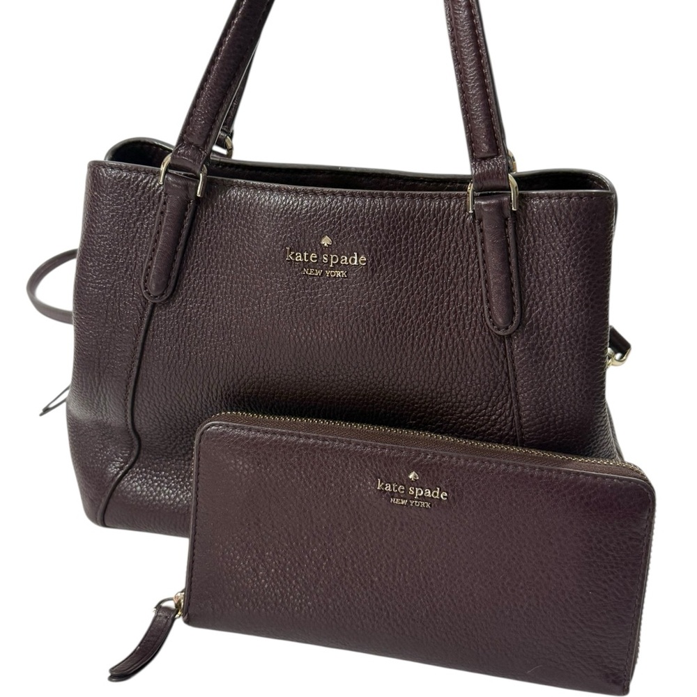 Kate Spade New York Pebbled Leather Tote Shoulder Bag + Zip Wallet Burgundy